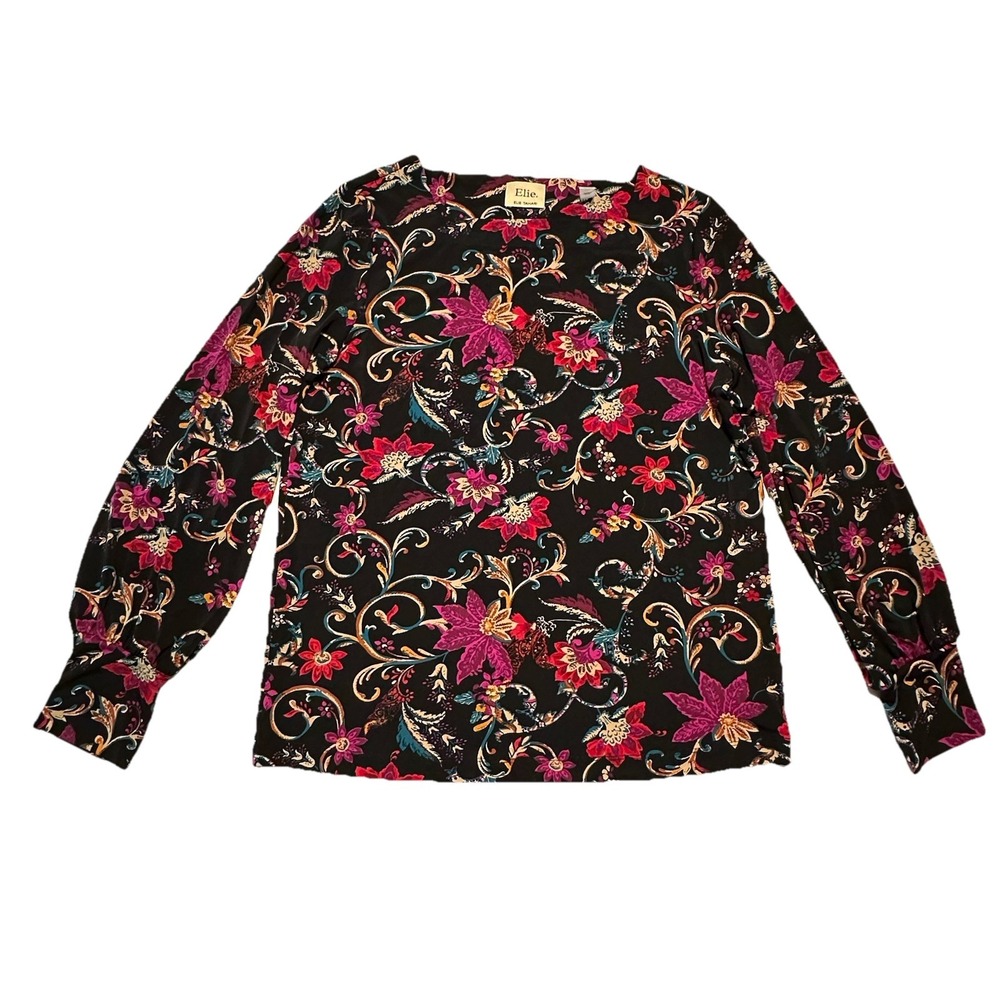 Elie Tahari Long Sleeve Blouse Size Medium Black Floral Paisley Polyester Casual